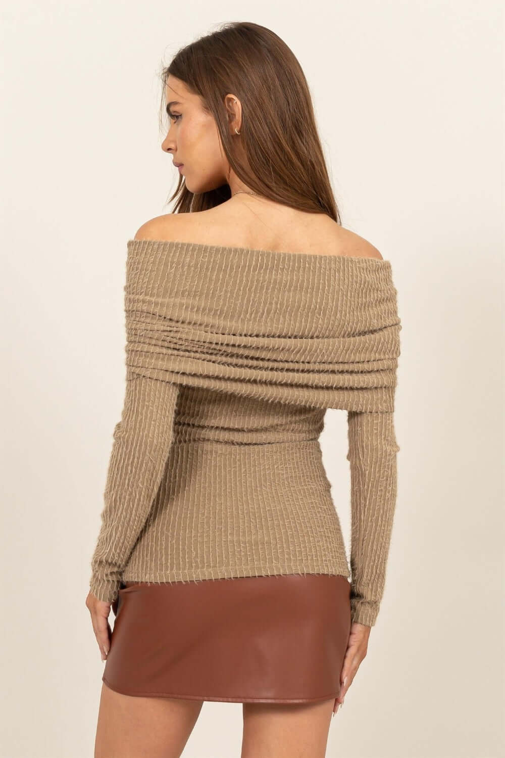 Taupe Fuzzy Off shoulder Textured Knit Top, HYFVE, $ 38.00