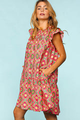 Boho Coral Summer Ruffled Printed Mini Dress with Side Pockets, Haptics, $ 64.00