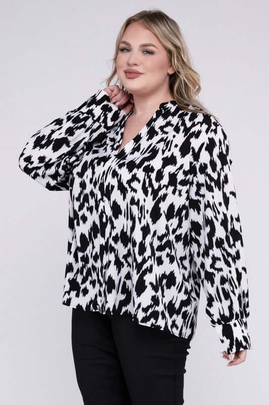 Plus Size Black & White Leopard Notched Neckline Blouse, Nuvi Apparel, $ 35.95