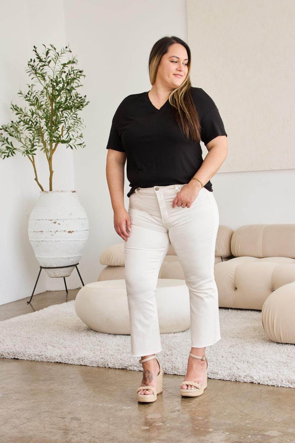 Off White Mini Mia Tummy Control High Waist Raw Hem Jeans, jeans, $ 59.00, A Moment Of Now™