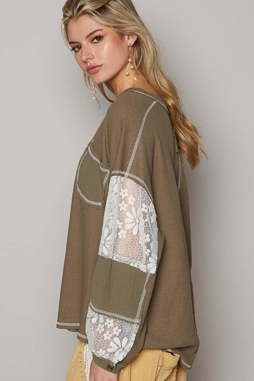 Olive Green V-Neck Long Lace Balloon Sleeve Exposed Seam Top, POL, $ 59.00