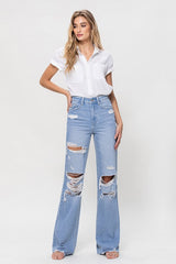 90s Vintage Light Denim Distressed Flare Jeans