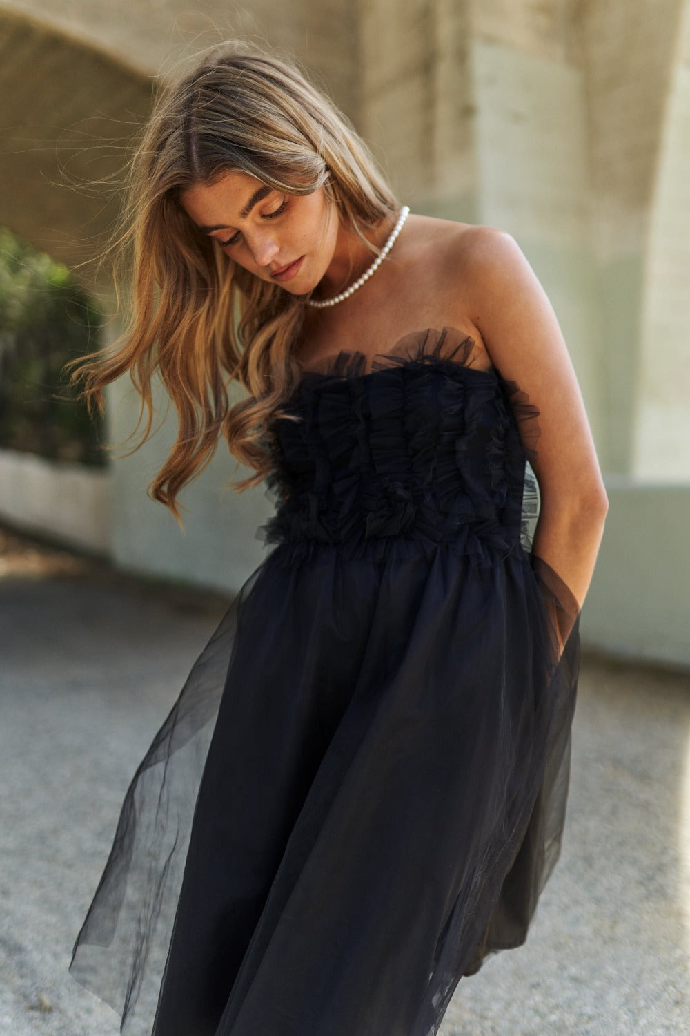 Black Mesh Ruffle Tube Top Swing Party Dress