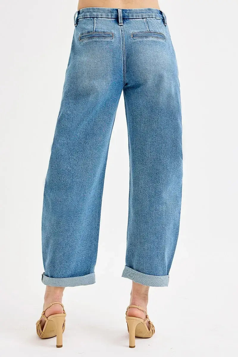 Medium Blue Mid Rise Fit Barrel Roll Up Jeans Plus Size - RISEN, Jeans, $ 75.00, A Moment Of Now™