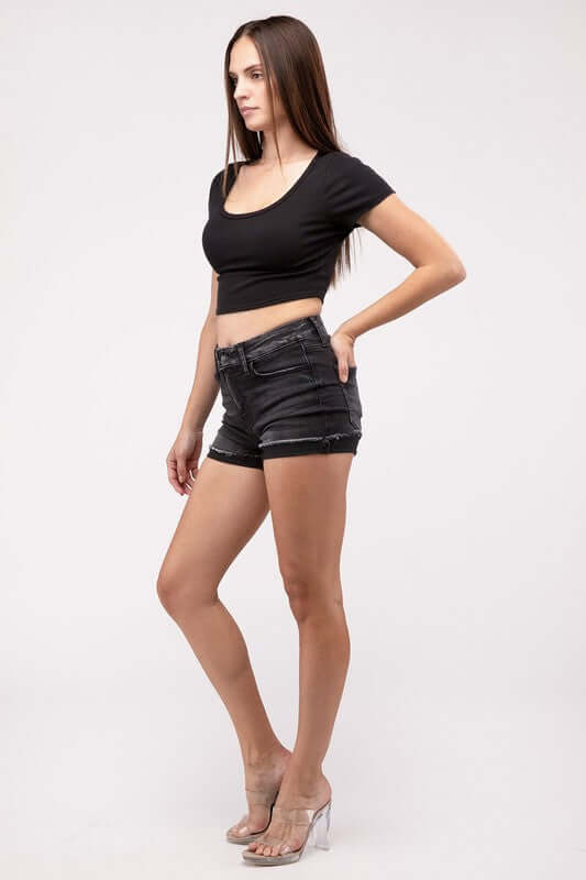 Washed Black Cuffed Raw Hem Denim Shorts, ZENANA, $ 43.95