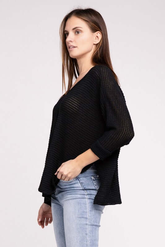 3/4 Sleeve V-Neck Hi-Low Hem Jacquard Sweater, ZENANA, $ 24.95