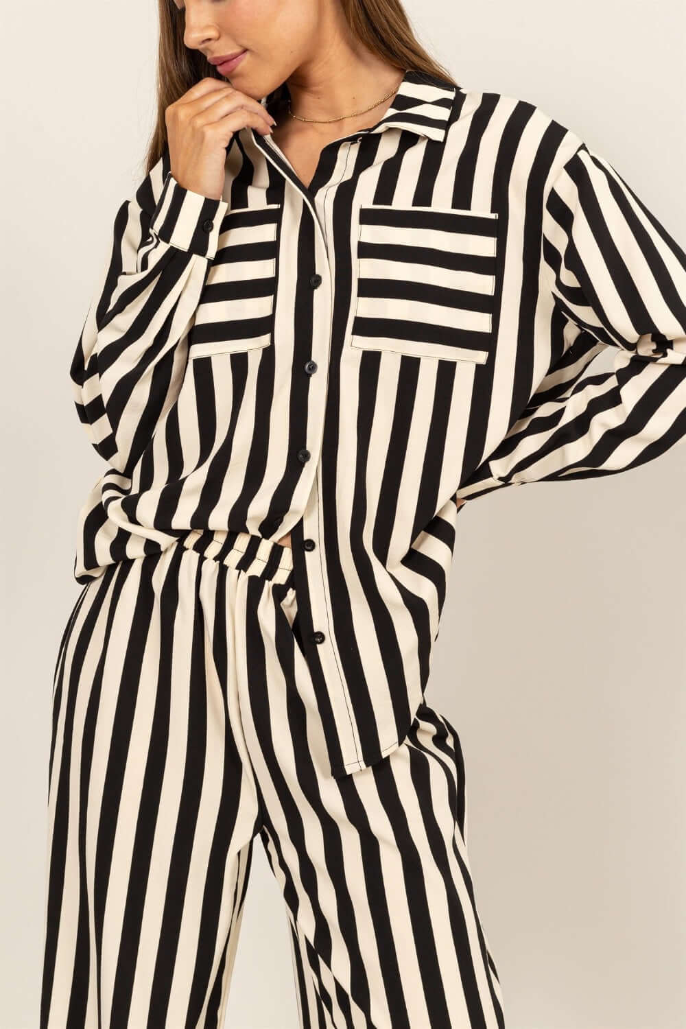 Black Striped Button Up Shirt and Pants Set, HYFVE, A Moment Of Now