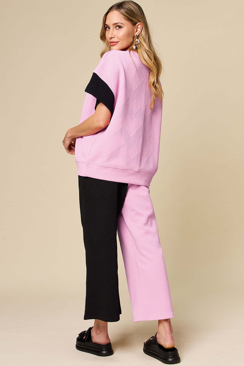 Short Sleeve Contrast T-Shirt and Wide Leg Pants Set, Double Take, $ 49.00