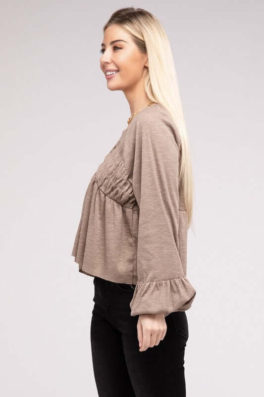 Beige V Neck Frilled Peplum Top, Nuvi Apparel, $ 41.95