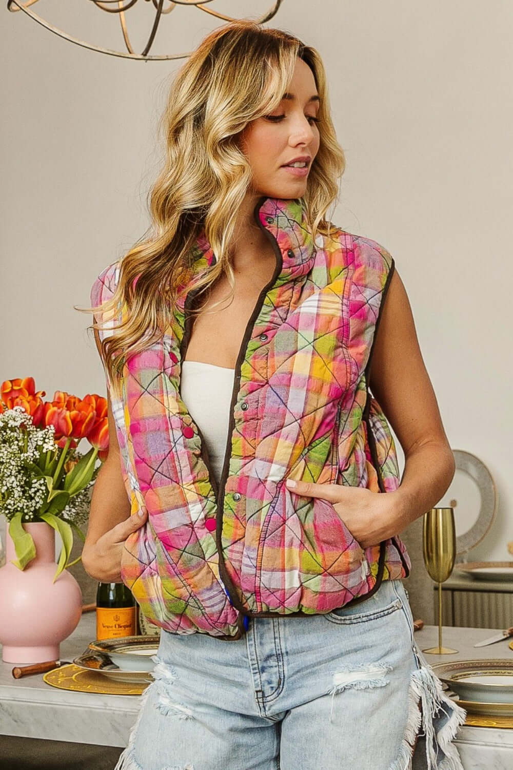 Colorful Quilted Washed Plaid Snap Down Vest, Vests, $ 69.00, A Moment Of Now™