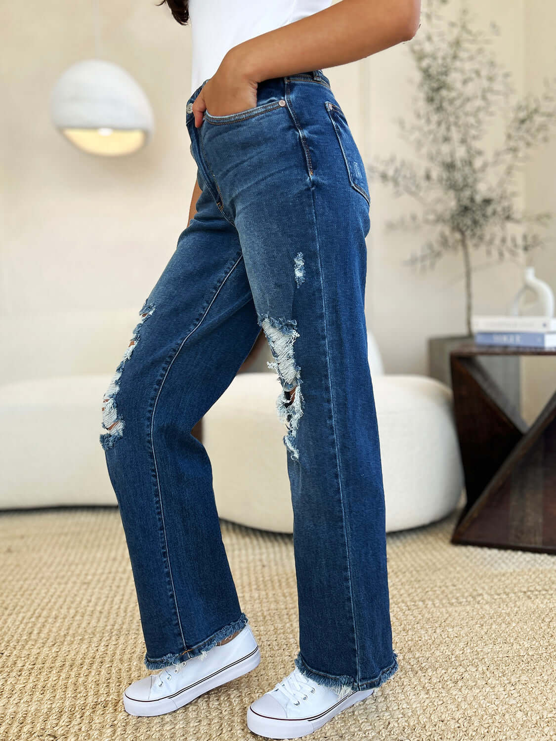 Judy Blue Dark Blue Mid Rise Distressed Raw Hem Jeans, Judy Blue, $ 69.00