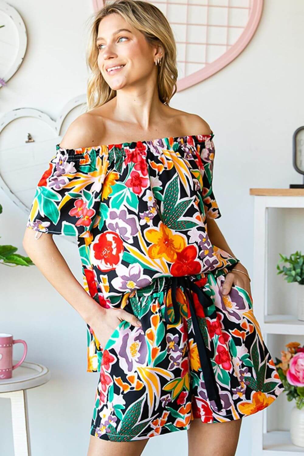 Boho Black Floral Combo Off-Shoulder Top, Tops, $ 34.00, A Moment Of Now™