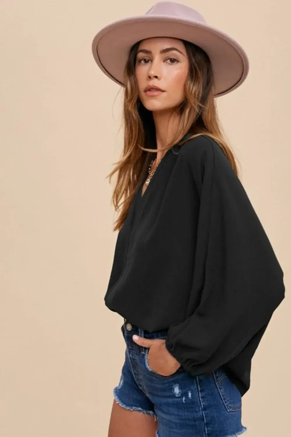 Black Notched Batwing Sleeve Blouse - Modern Elegance, Blouses, $ 45.00, A Moment Of Now™