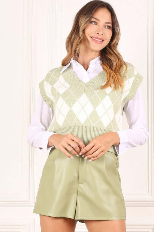 Green Knitted Argyle Sweater Vest