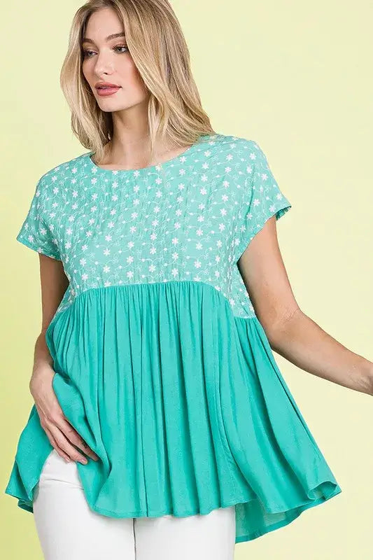 Mint Embroidered Short Sleeve Pleated Babydoll Top Plus Size, Tops, $ 25.00, A Moment Of Now™