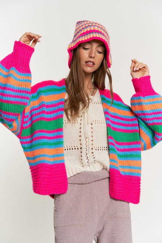 Chunky Knit Multi-Striped Open Sweater Cardigan, Davi & Dani, $ 65.00