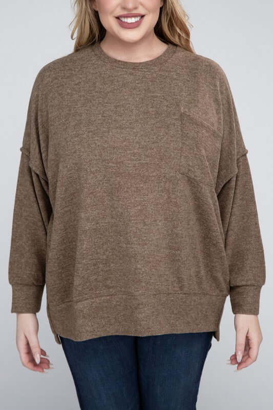 Plus Size Brushed Melange Drop Shoulder Sweater, ZENANA, $ 28.95