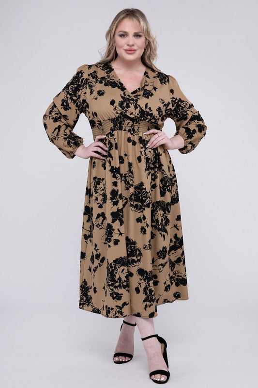 Shop Plus Size Women's Brown Floral Print Smocked High Waist Midi Dress , Dresses, USA Boutique