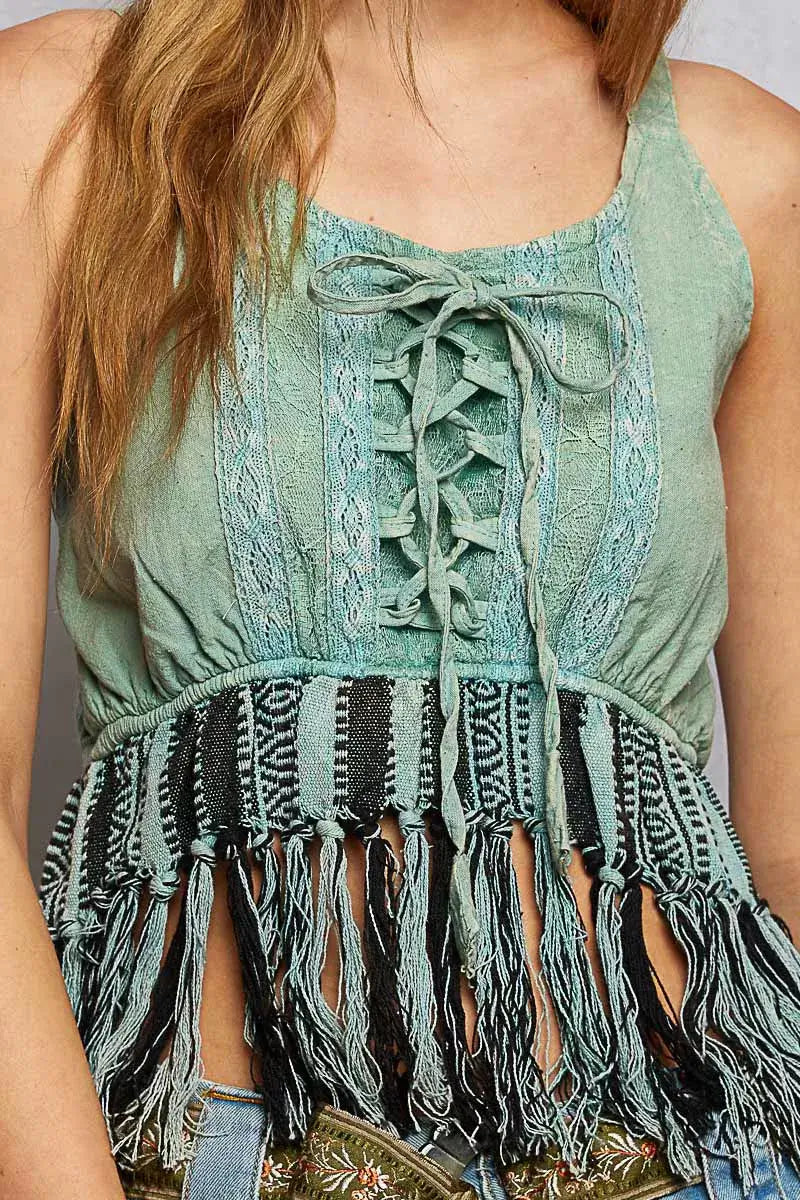 Sage Lace-Up Fringe Hem Tank with Lace Detail Boho Fashion Clothing, Tank Tops, $ 47.00, A Moment Of Now™
