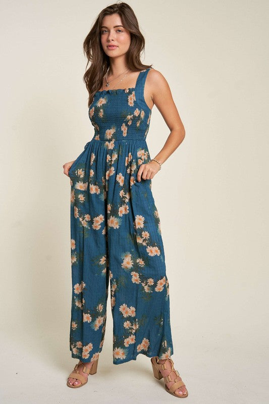 Shop Teal Blue Floral Printed Ruffle Detail Jumpsuit | USA Women's Boutique, Jumpsuits, USA Boutique