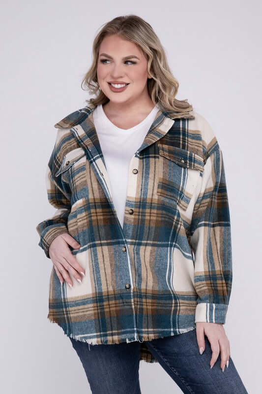 Plus Size Yarn Dyed Plaid Shirt Jacket Shacket