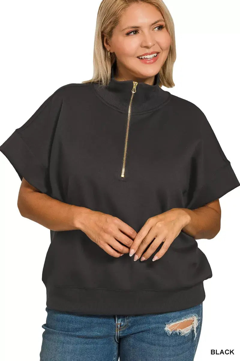 Zenana Scuba High Neck Half Zip Short Sleeve Top | Plus Size, Tops, $ 33.00, A Moment Of Now™