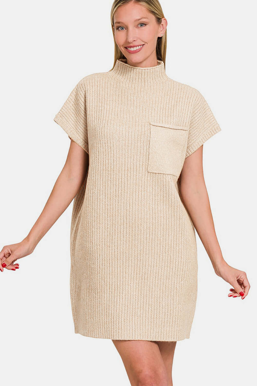 Beige Short Sleeve Sweater Mini Dress, Zenana, $ 45.00