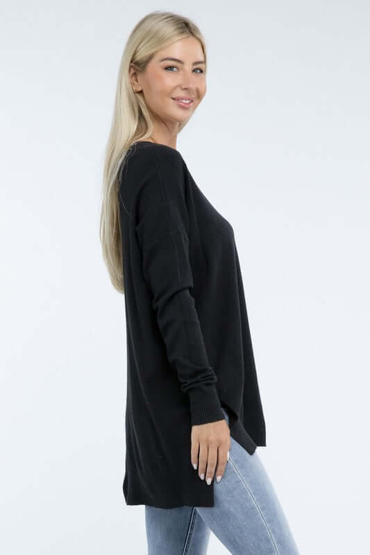 Women's Hi-Low Hem V Neck Front Seam Sweater | USA Boutique, ZENANA, $ 55.00