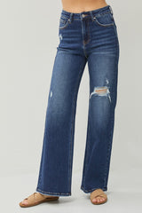 Dark Blue High Rise Distressed Wide Leg Jeans