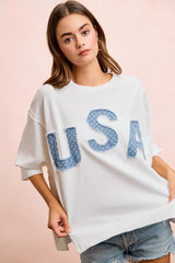 BiBi 4th Of July Usa Letter Patchwork French Terry Top, Tops, $ 60.00, A Moment Of Now™