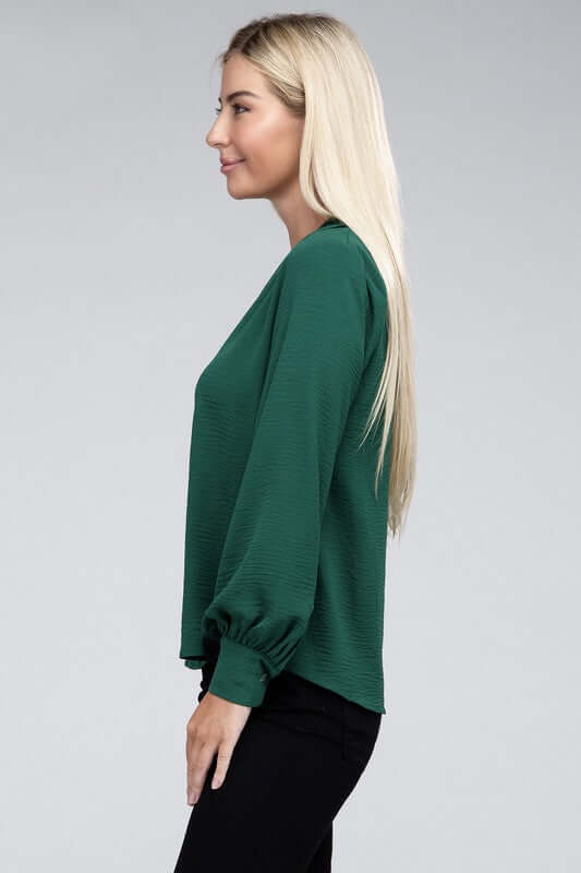 Woven Airflow V-Neck Long Sleeve Top, ZENANA, $ 26.95