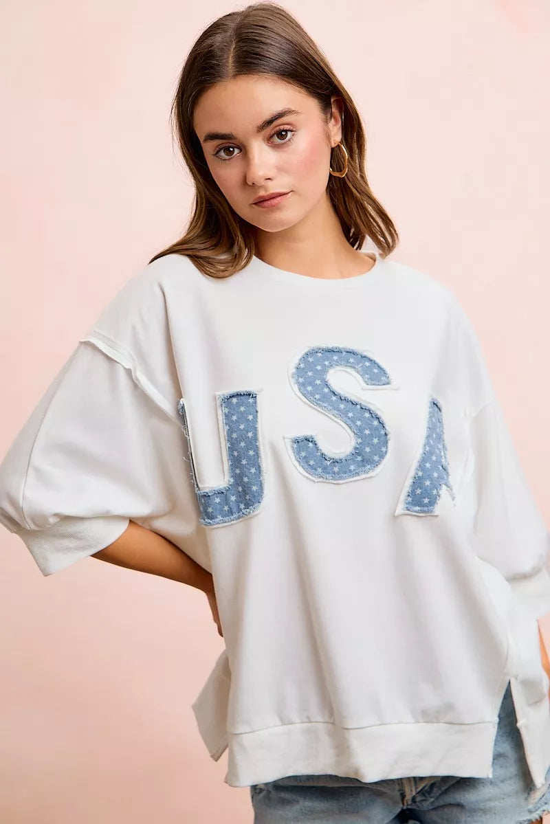 BiBi 4th Of July Usa Letter Patchwork French Terry Top, Tops, $ 60.00, A Moment Of Now™