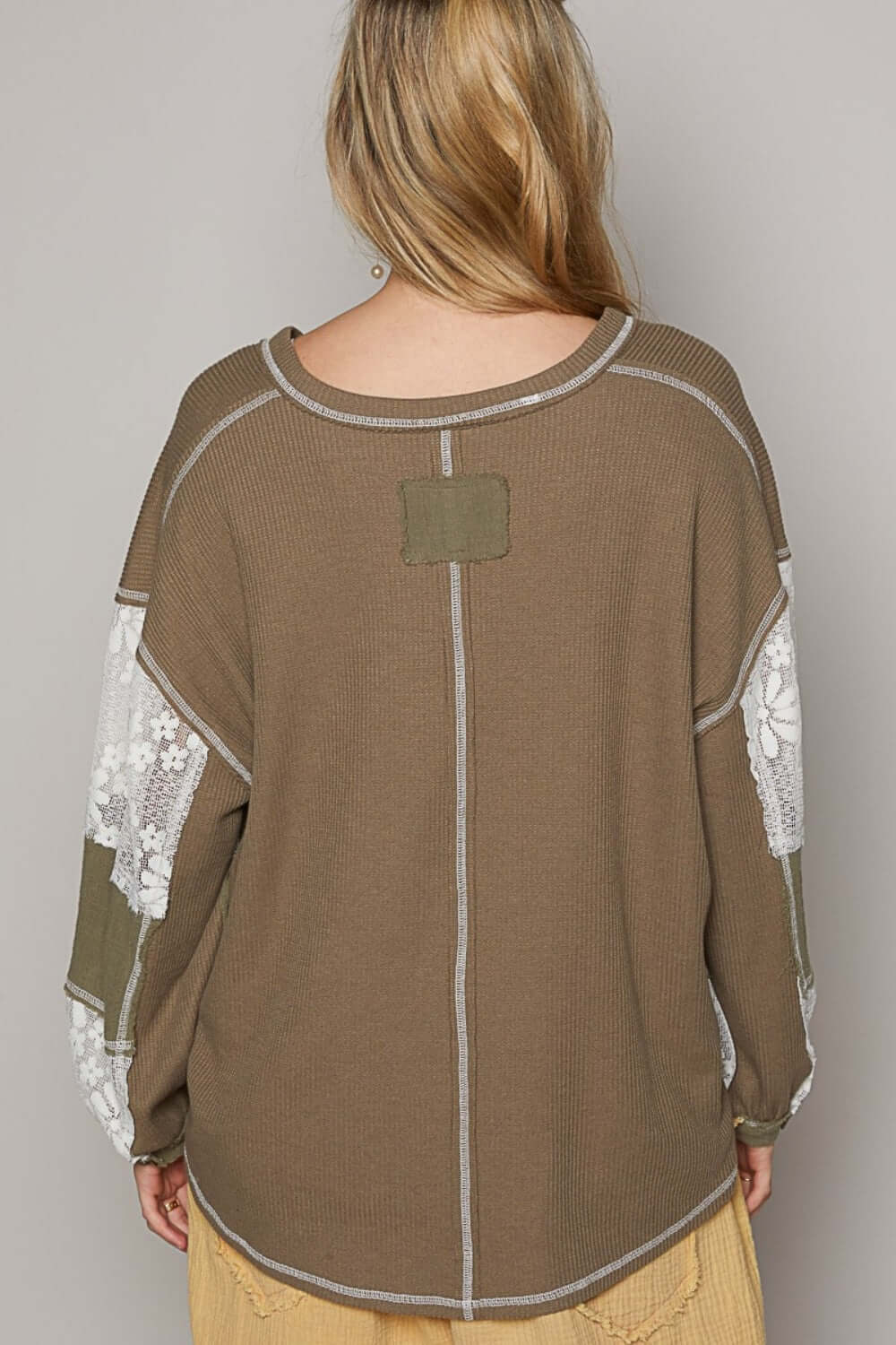 Olive Green V-Neck Long Lace Balloon Sleeve Exposed Seam Top, POL, $ 59.00