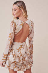 Beige Printed Ruffle Long-Sleeved Tiered Mini Dress