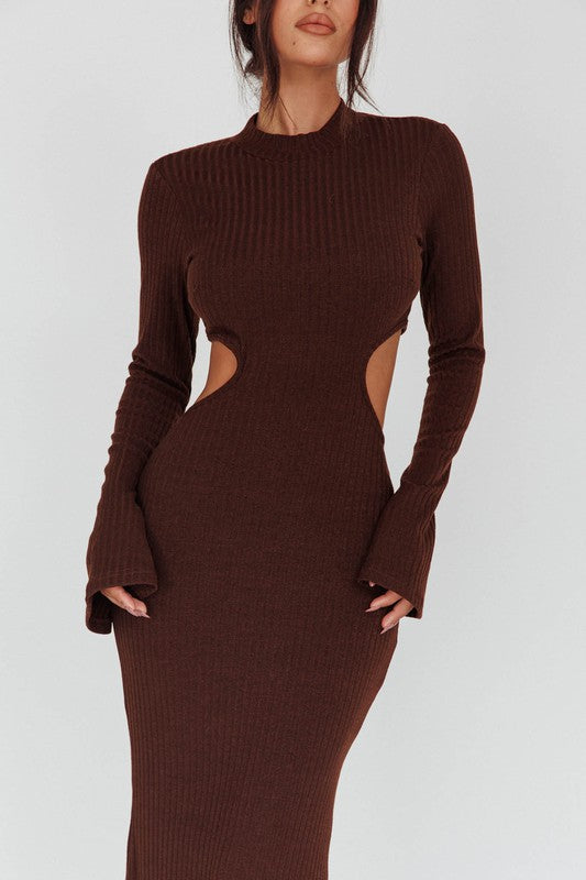Shop Women's Brown Long Sleeves with flared Cuffs Knit Maxi Dress, Dresses, USA Boutique