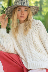 Women's Cream White Mock Neck Cable Knit Sweater | USA Boutique, POL, $ 58.00