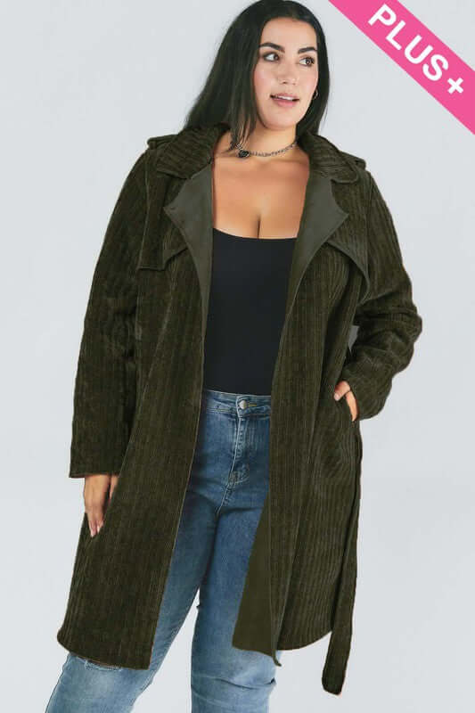 Plus Size Mid Length Waist Tie Coat