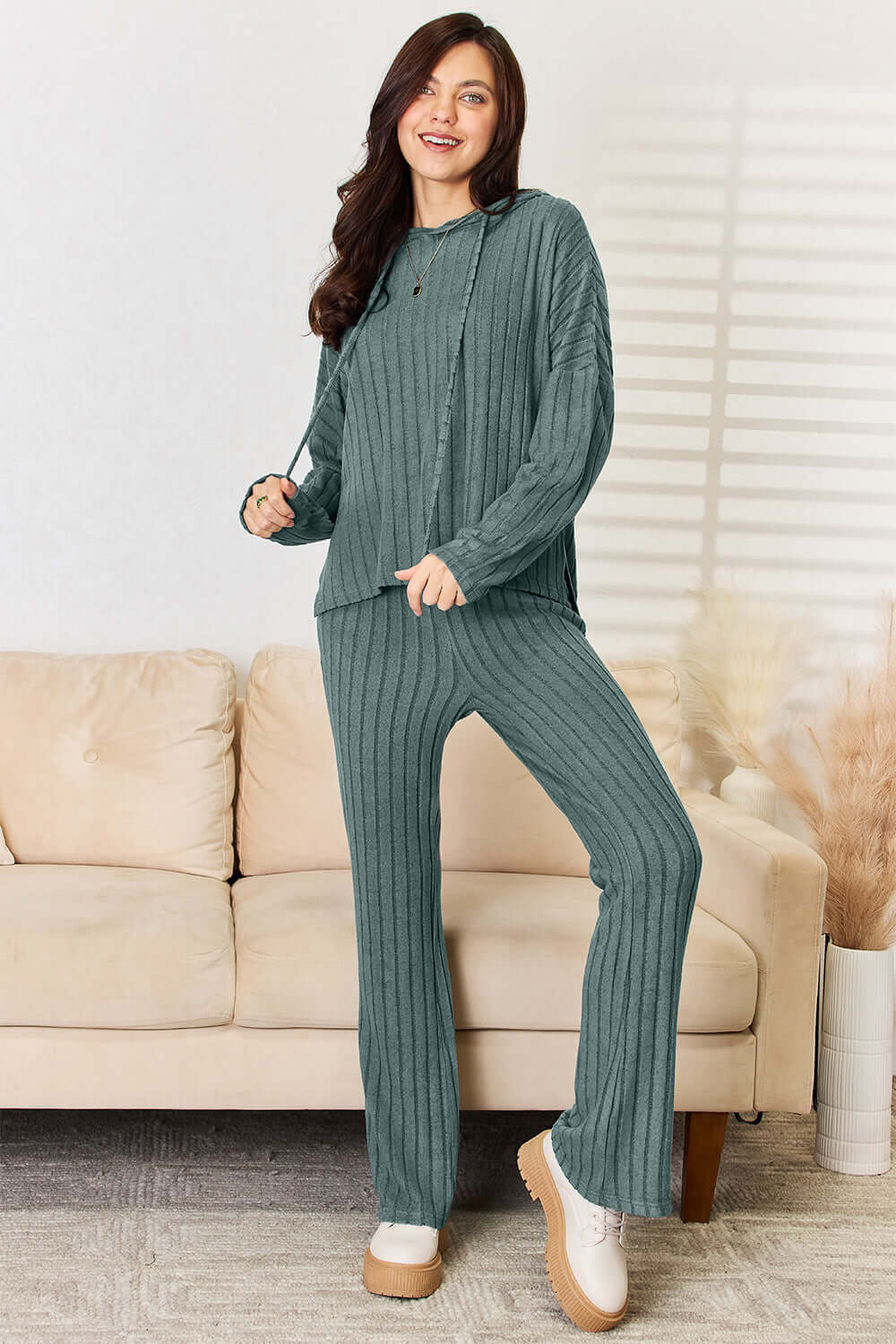 Women's Cozy Ribbed Hooded Top and Straight Pants Loungewear Set, Basic Bae, $ 35.00