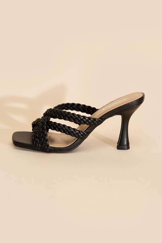 KELLAN-S Double Cross Braided Heels Sandals in Black White, Fortune Dynamic, $ 35.00