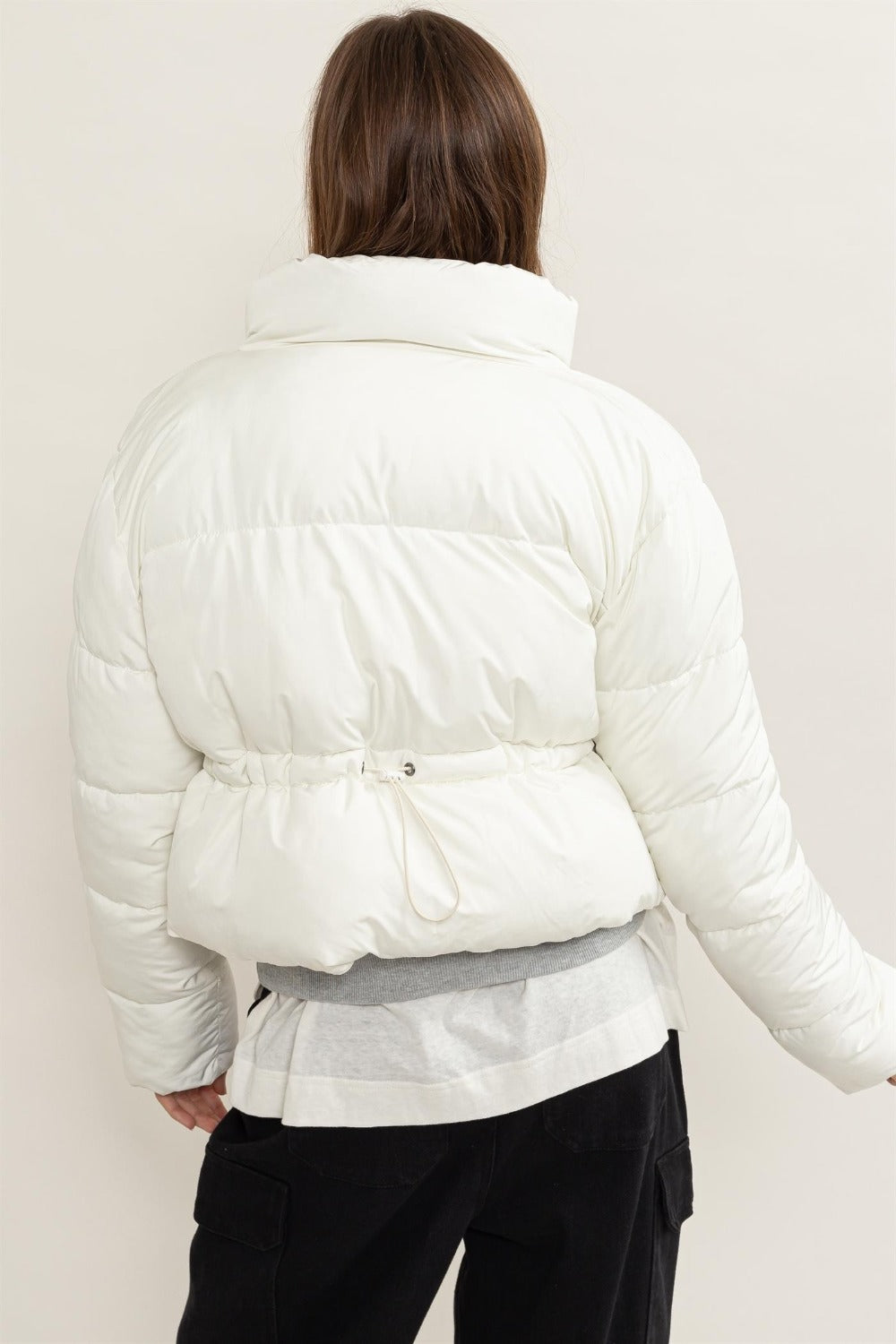 Cream White Quilted Back Drawstring Puffer Jacket