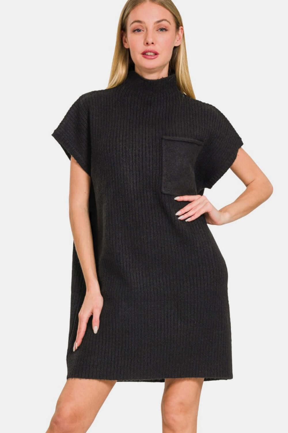 Black Short Sleeve Sweater Mini Dress, Zenana, $ 45.00