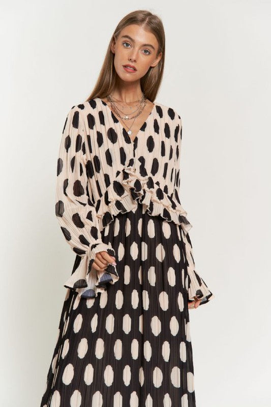 Shop Polka Dot Ruffled Long Sleeve Pleated Maxi Dress in Taupe Black, Dresses, USA Boutique