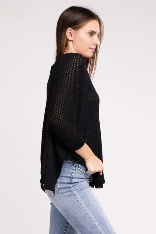 3/4 Sleeve V-Neck Hi-Low Hem Jacquard Sweater, ZENANA, $ 24.95