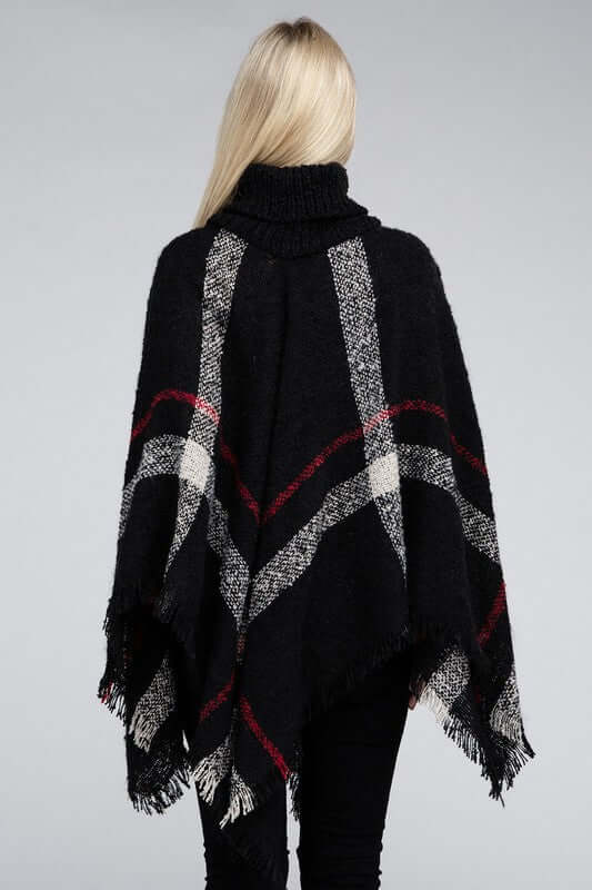 Ivory Black Turtleneck Plaid Knit Pancho, Nuvi Apparel, $ 45.95