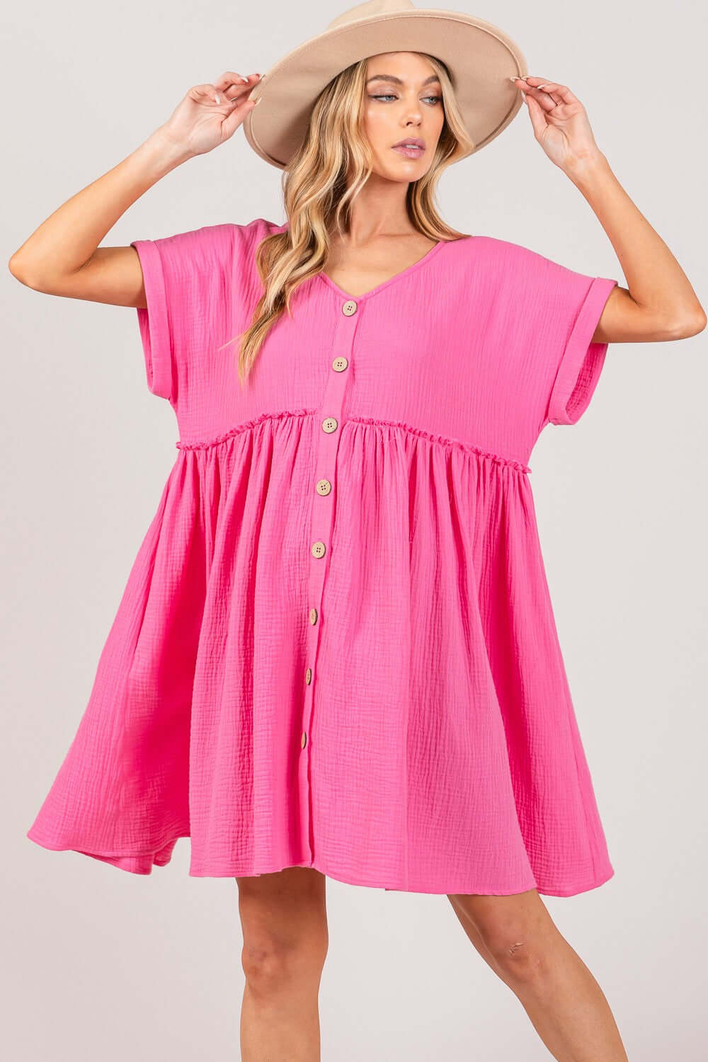 Pink Button Up Short Sleeve Dress - Chic & Versatile Style, Dresses, $ 45.00, A Moment Of Now™