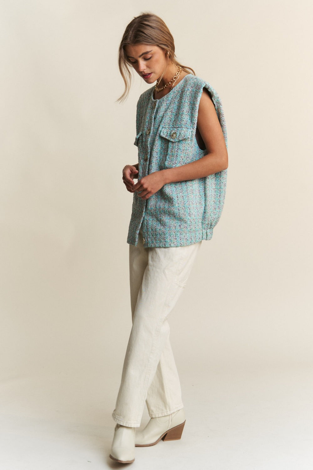 Celeste Blue Frayed Tweed Padded Shoulder Vest