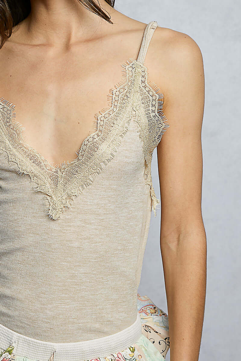 Sand Lace Detail V-Neck Ribbed Cami | Bohemian Fashion Clothing, Tank Tops, $ 44.00, A Moment Of Now™