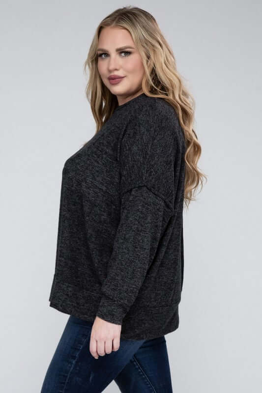 Plus Size Brushed Melange Drop Shoulder Sweater, ZENANA, $ 28.95