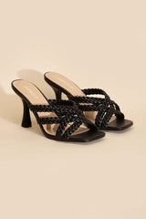 KELLAN-S Double Cross Braided Heels Sandals in Black White, Fortune Dynamic, $ 35.00