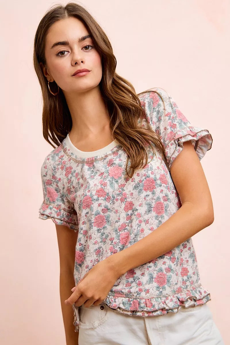 Rose Printed Slub Knit Ruffled Sleeves Top | Boutique In USA, Blouses, $ 39.00, A Moment Of Now™